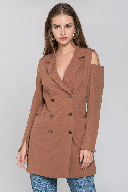 Casual Comfort Chocolate Cold Shoulder Mini Blazer Dress