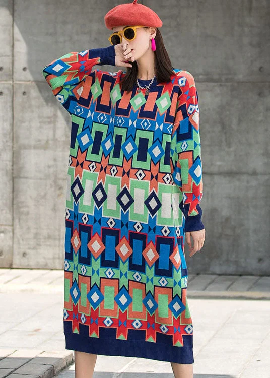 Comfortable Jeans Fashion O-Neck Plaid Fall Knit Long Sleeve Dresses