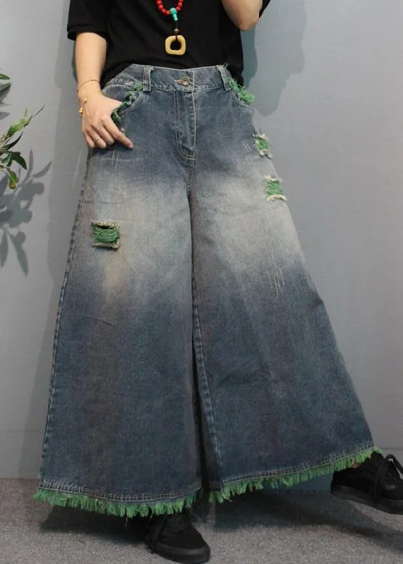 Comfortable Fitwear Modern Green Pockets High Waist Denim Wide Leg Pants Summer