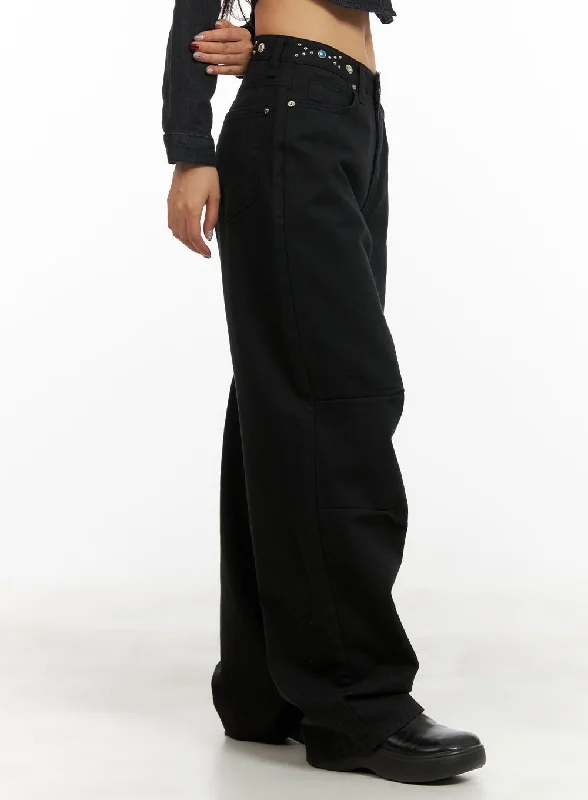 Simple Looks Stud Waist Wide Leg Pants CY403
