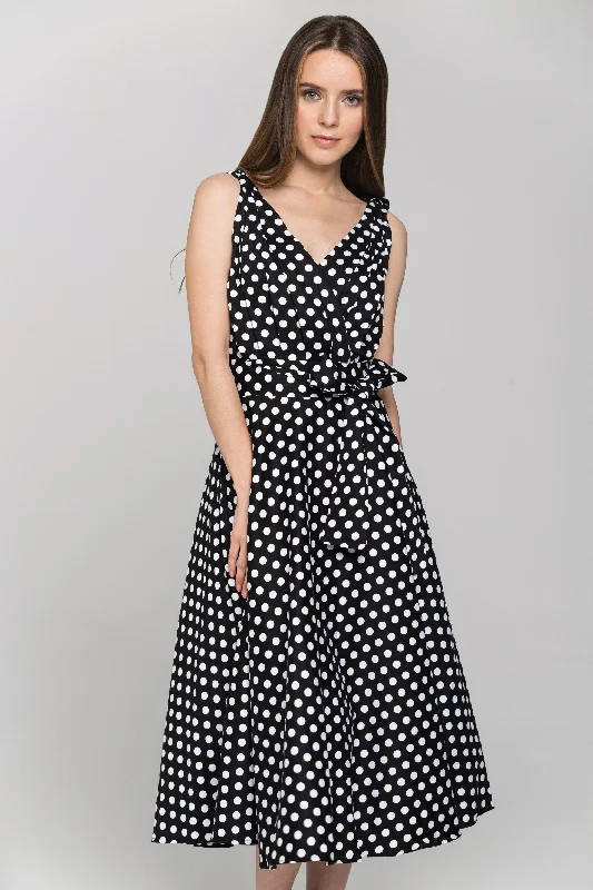 Trendy Layers Black Sleeveless Polka dot Midi Dress