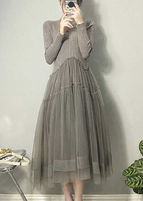 Cozy Knits Beautiful Grey Asymmetrical Tulle Patchwork Long Dresses Fall