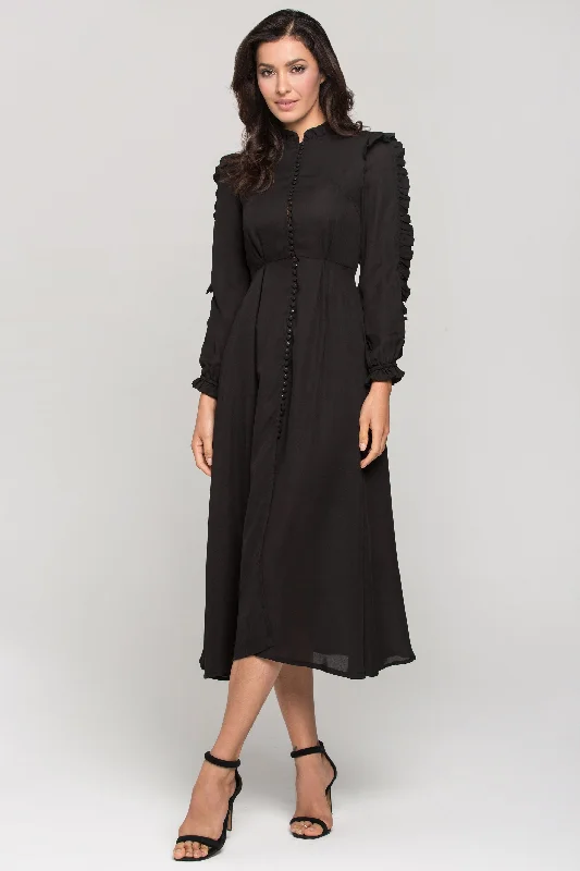 Light Layers Black Vintage Ruffle Neck Long Sleeves Midi Dress
