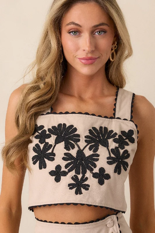 Modern Chic Take Me There Taupe Embroidered Floral Cropped Top