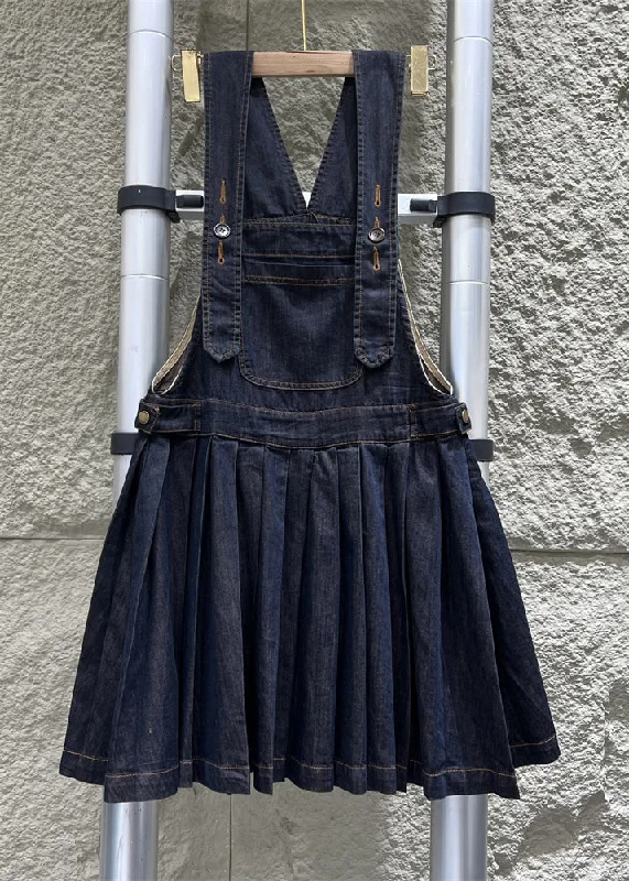 Relaxed Weekend Wear French Navy Button Wrinkled Denim Jumpsuit Sleeveless