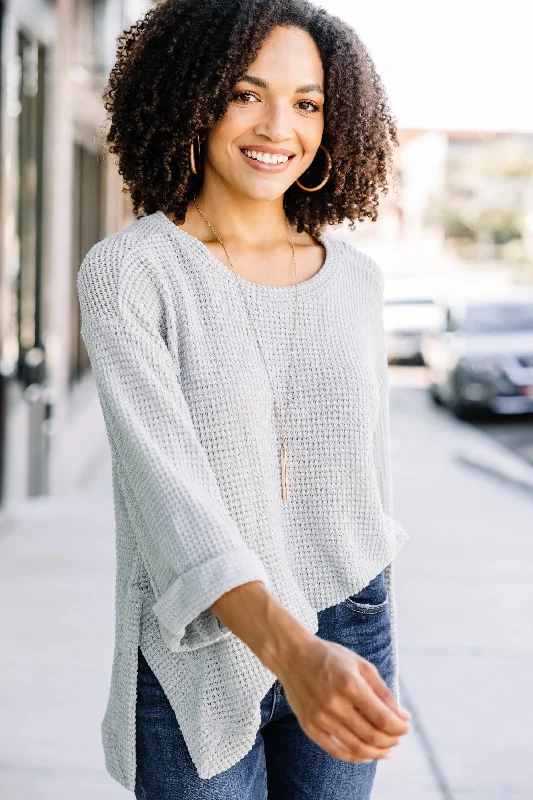 Stylish Jackets See You Soon Silver Gray Waffle Knit Sweater