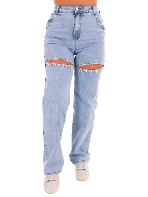 Elegant Fit Rhinestone Studded Cut Out Jean In Light Wash