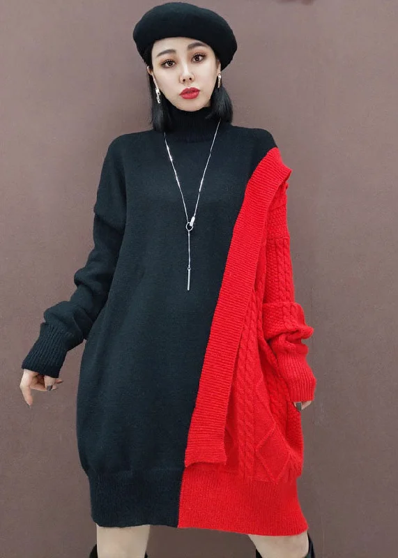 Relaxed Weekend Wear Beautiful Red Turtle Neck Patchwork Knitwear Dress Winter
