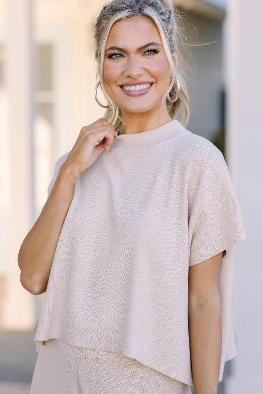 Relaxed Weekend Wear Safe Travels Natural Ribbed Knit Top