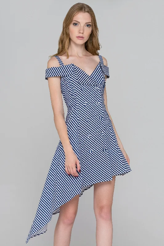 Casual Fit Blue Stripe Double Button Asymmetric Midi Dress