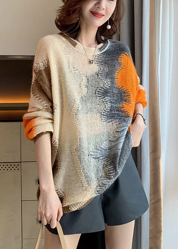 Easy Wear Chic Women Apricot Hollow Out Loose Fall Knit sweaters