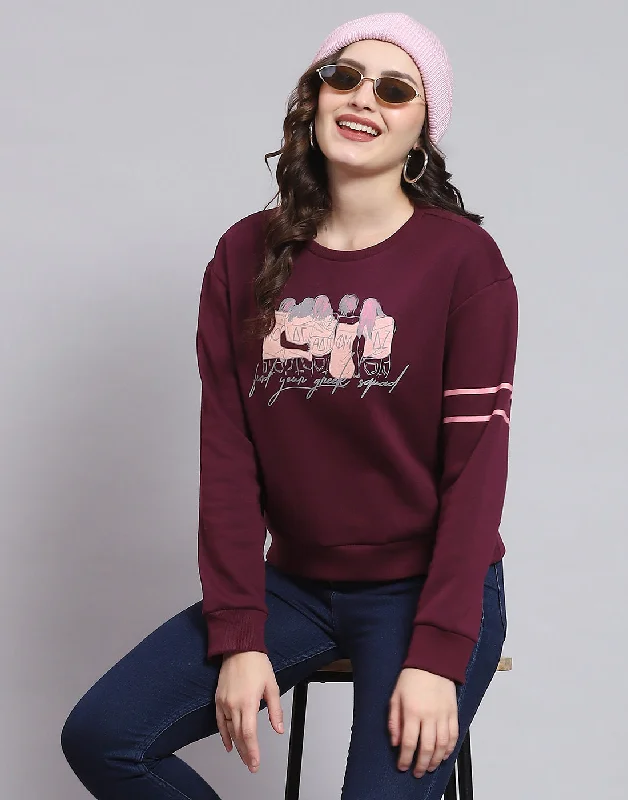 All-Day Outfits Women Maroon Printed Round Neck Full Sleeve Sweatshirt