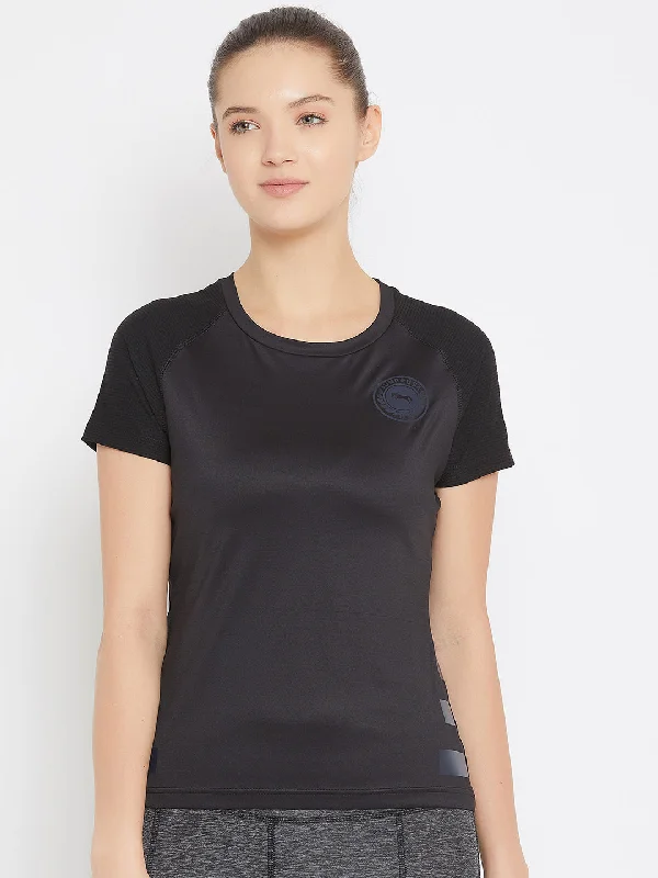 Relaxed Tops JUMP USA Women Black Active Wear Round Neck T-shirt