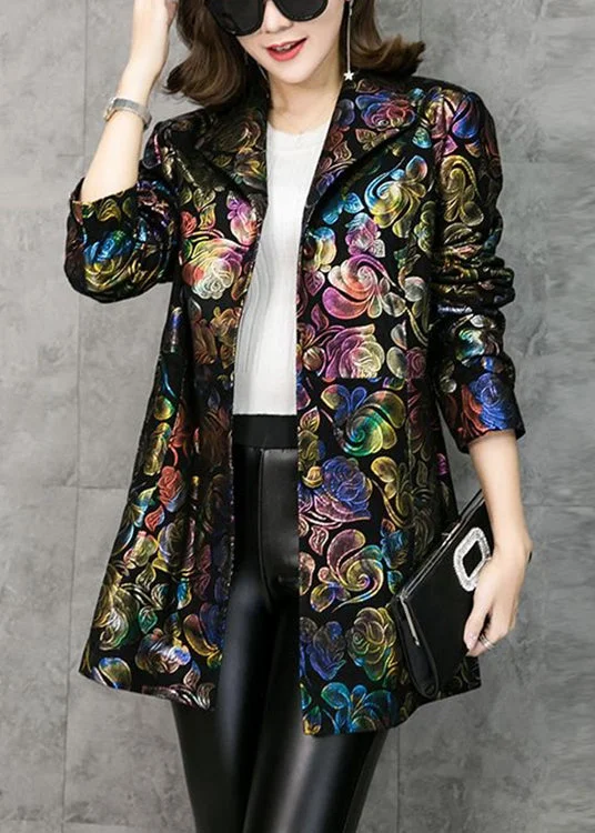 Trendy Layers Loose Stand Collar Print Pockets Patchwork Faux Leather Coats Fall