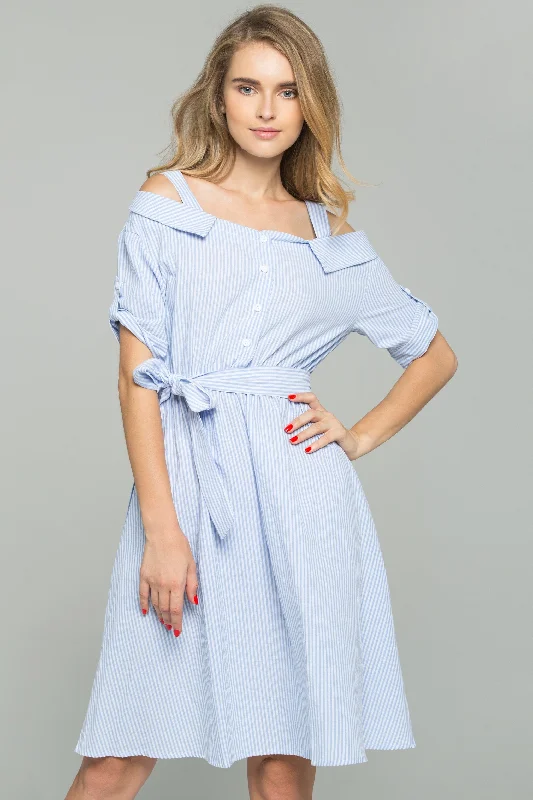 Cozy Essentials Blue and White Striped Ribbon Strap Cold-Shoulder Collared Shirt Dress