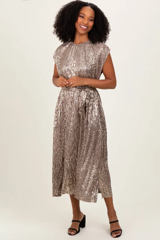 Warm Chic Dark Gold Metallic Sash Tie Dress