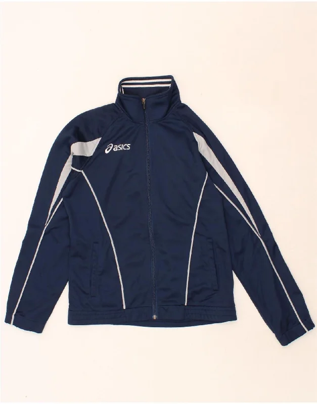 Soft Looks ASICS Womens Tracksuit Top Jacket UK 14 Medium Navy Blue Colourblock