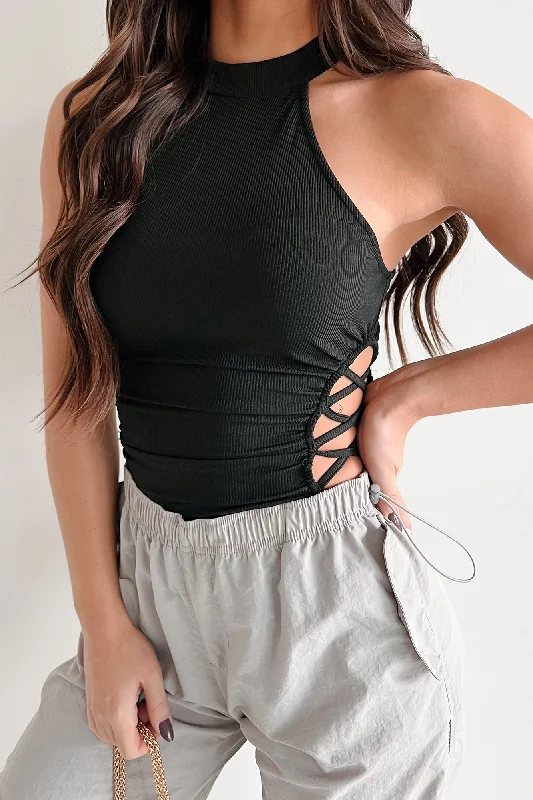 Cozy Footwear Bad Habits Ribbed Criss-Cross Side Bodysuit (Black)