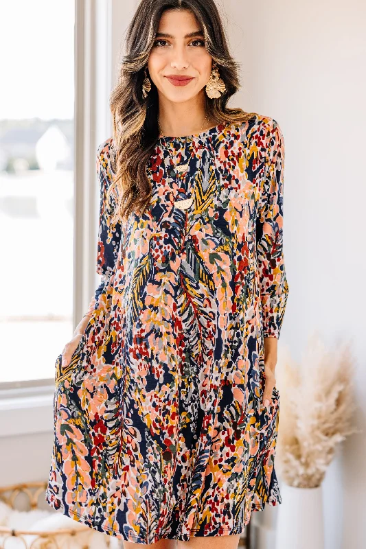 Comfortable Chic Just You Wait Dark Navy Blue Floral 3/4 Sleeve Dress