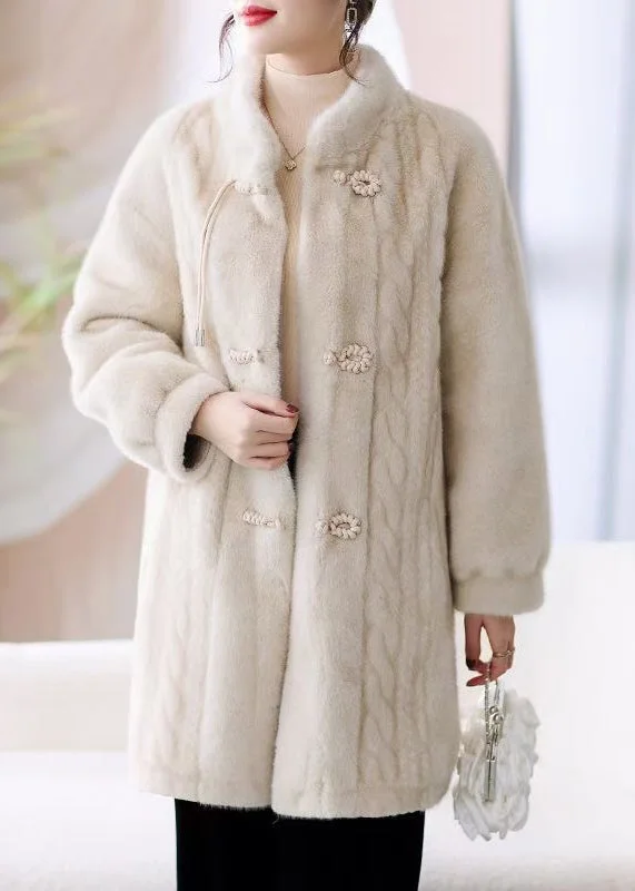 Comfortable Lifestyle French Beige Stand Collar Button Pockets Mink Hair Coat Winter Comfortable Lifestyle French Beige Stand Collar Button Pockets Mink Hair Coat Winter