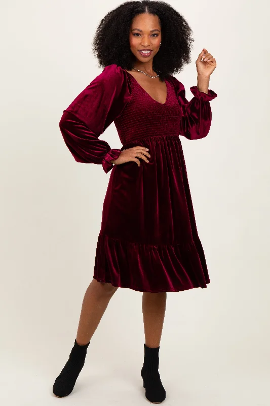 Cozy Fashion Burgundy Velvet Smocked Long Sleeve Dress