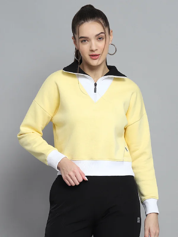 Classic Comfort Women Yellow Solid Collar Full Sleeve Sweatshirt