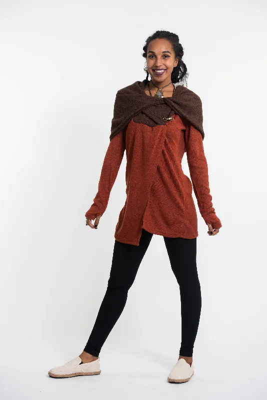 Elegant Casuals Hoodie Shawl Jacket with Metal Clasp in Brick