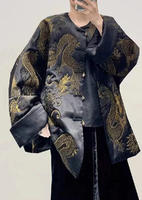 Versatile Style Vintage Black Dragon Embroideried Oversized Chinese Button Silk Coats Fall Versatile Style Vintage Black Dragon Embroideried Oversized Chinese Button Silk Coats Fall