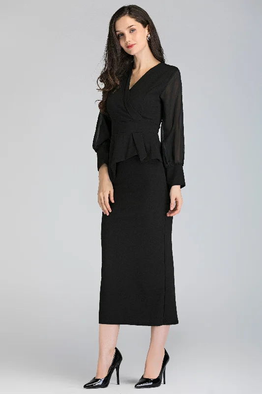 Comfortable Fitwear Black Sheer Sleeved Wrap Peplum Maxi Dress
