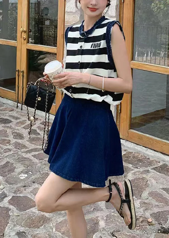 Timeless Outfits Stylish O-Neck Striped Denim Patchwork Cotton Two Pieces Set Summer Timeless Outfits Stylish O-Neck Striped Denim Patchwork Cotton Two Pieces Set Summer