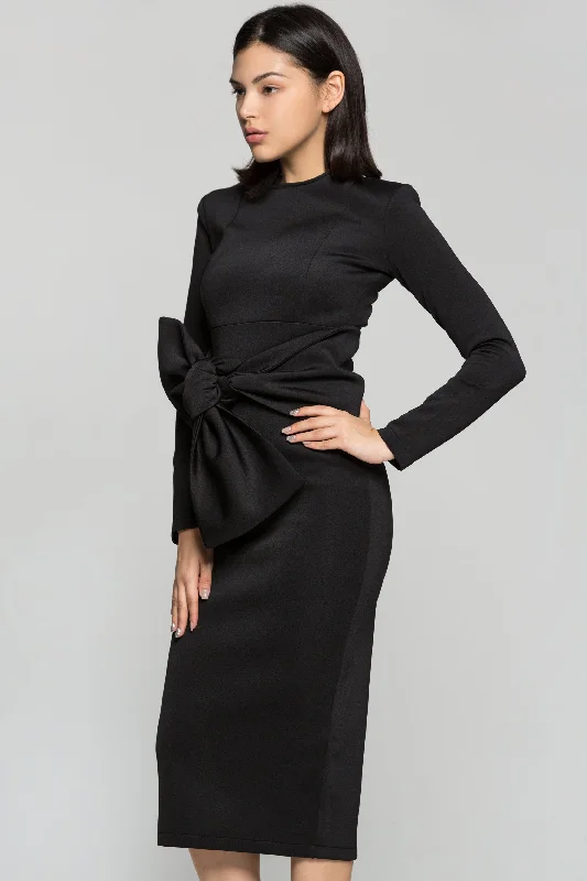 Cozy Fashion Trends Black Solid Bow Waist Midi Dress