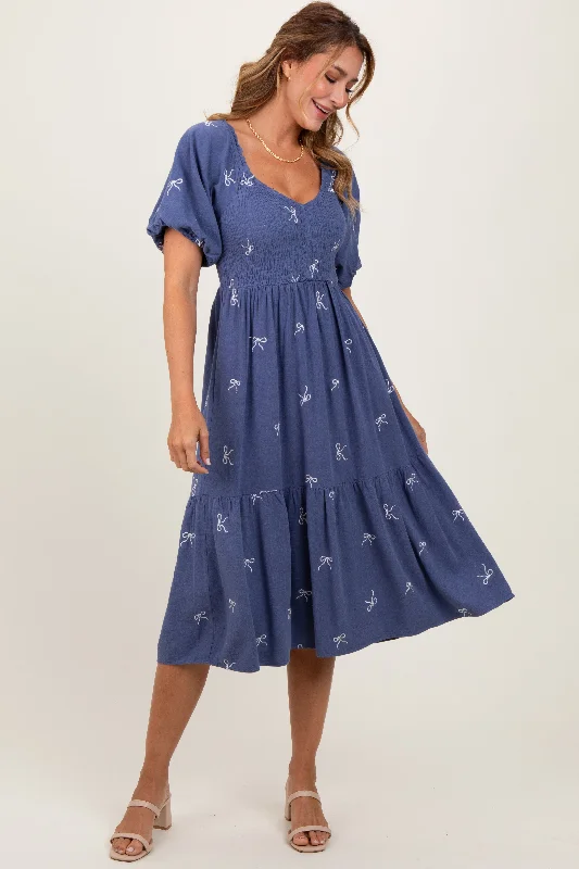 Chic Comfort Wear Blue Ribbon Print Smocked Midi Dress