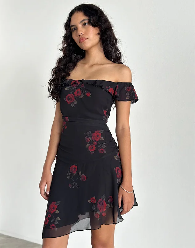 Easy Chic Ursula Bardot Mini Dress in Black Vintage Rose