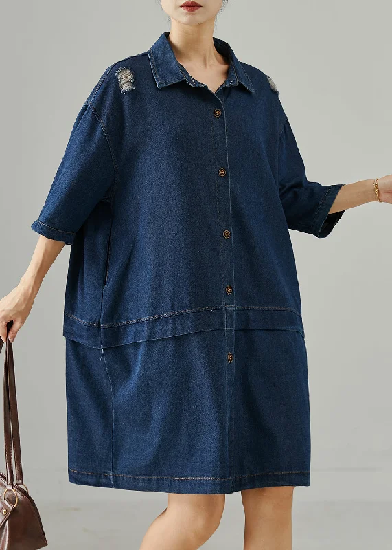 Timeless Outfits Casual Navy Oversized Patchwork Denim Ripped Dresses Summer
