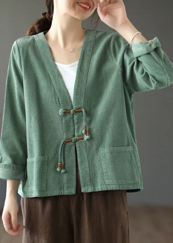 Warm Layers Bohemian Green Tasseled Pockets Patchwork Corduroy Coat Fall
