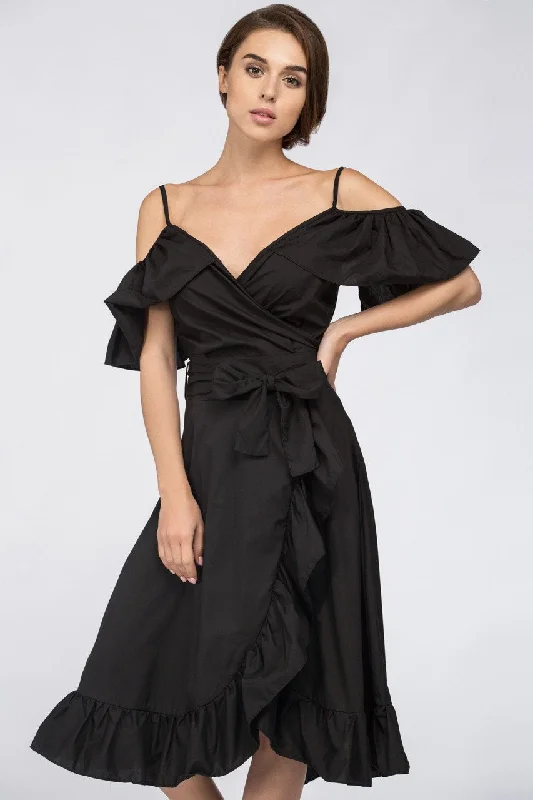 Relaxed Weekend Wear Black Ruffle off the Shoulder Midi Dress