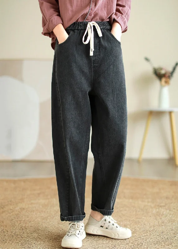 Relaxed Tops Black Lace Up Denim Crop Pants Elastic Waist Spring