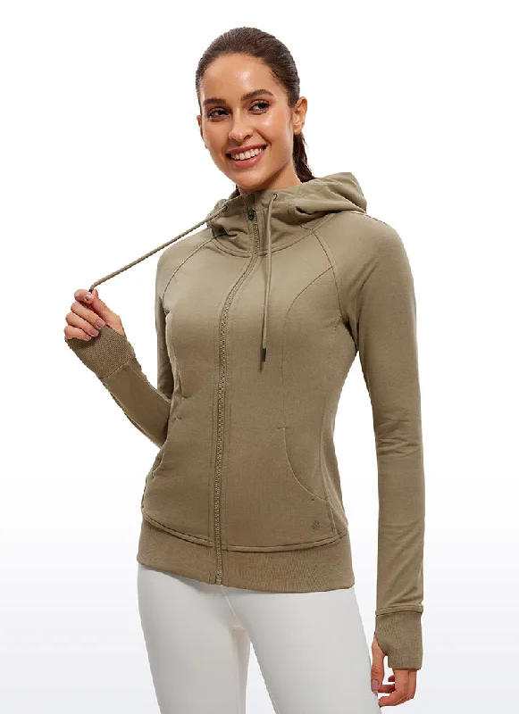 Trendy Layers Cotton Terry Full Zip Hoodies Thumb Holes