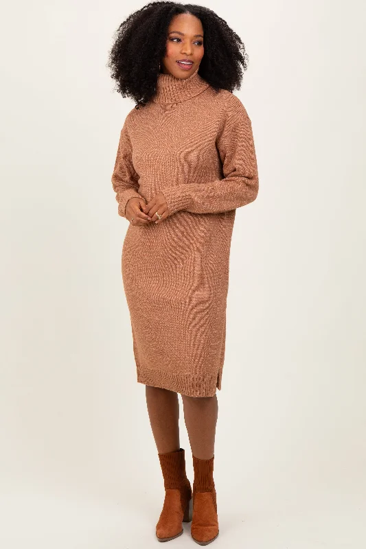 Comfortable Jeans Camel Turtleneck Side Slit Midi Sweater Dress