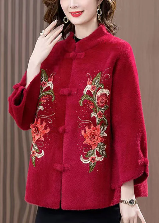 Cozy Chic Trends Loose Wine Red Embroidered Button Mink Velvet Coats Spring