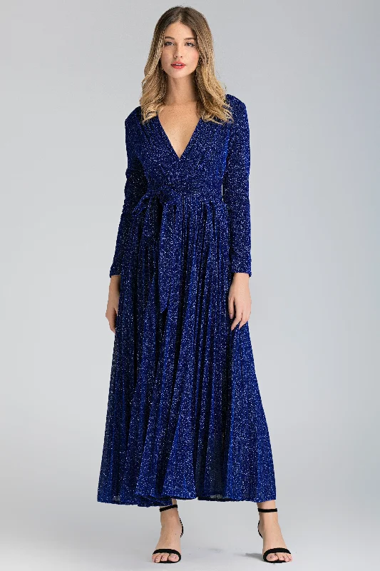 Elegant Fit Blue Sapphire Pleated Maxi Dress
