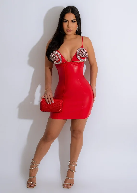 Casual Fit Flowers Diamonds Faux Leather Mini Dress Red
