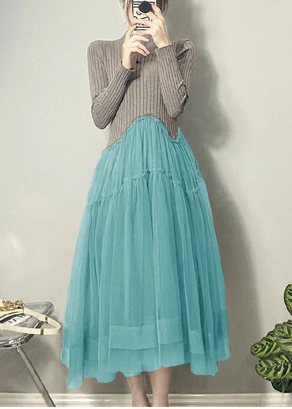 Light Fit Beautiful Blue Asymmetrical Tulle Patchwork Long Dresses Fall