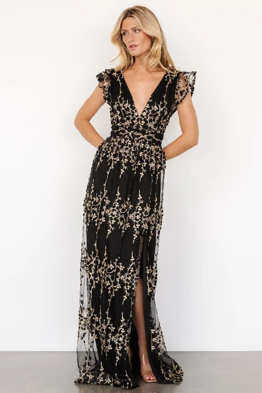 Comfortable Sweaters Eva Embroidered Maxi Dress | Black + Gold