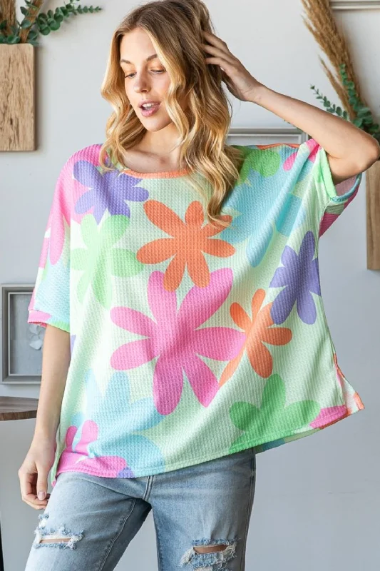 Soft Looks Floral Round Neck Waffle T-Shirt