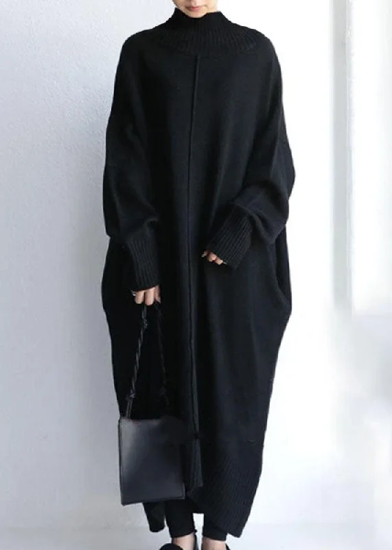 Fashionable Comfort Black Long Knit Dress High Neck Oversized Spring