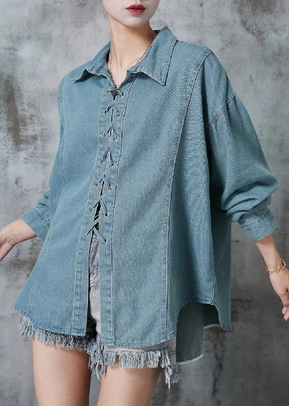 Soft Comfort Wear French Blue Grey Cross Strap Denim Shirt Top Fall