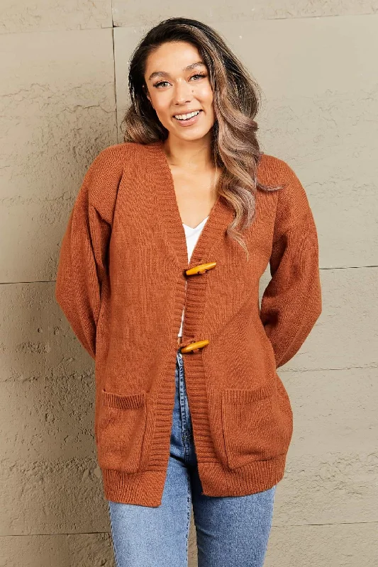 Comfy Chic Wear Woven Right Toggle Closure Ribbed Trim Dropped Shoulder Cardigan