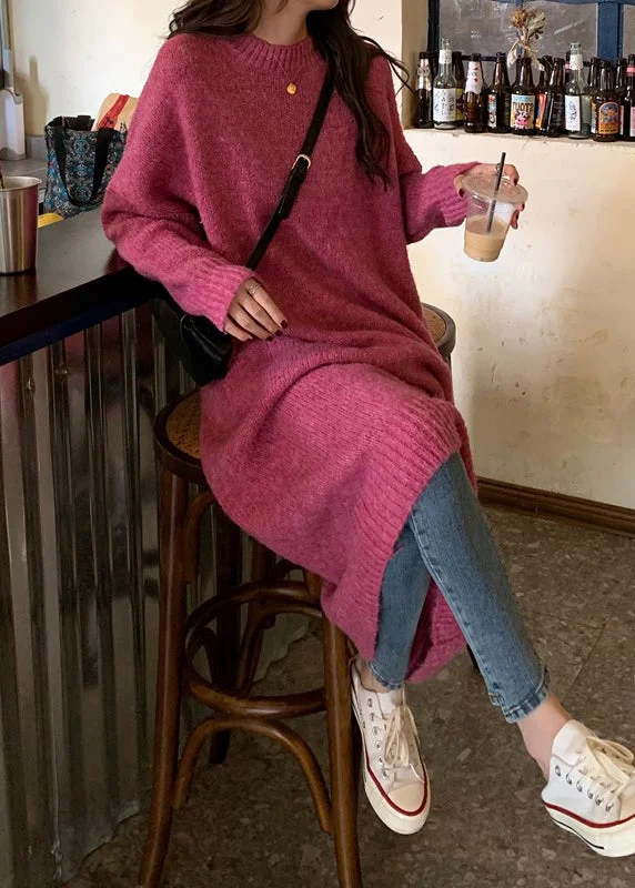 Relaxed Chic Casual Rose O-Neck Thick Cozy Loose Knit Sweater Dress Winter