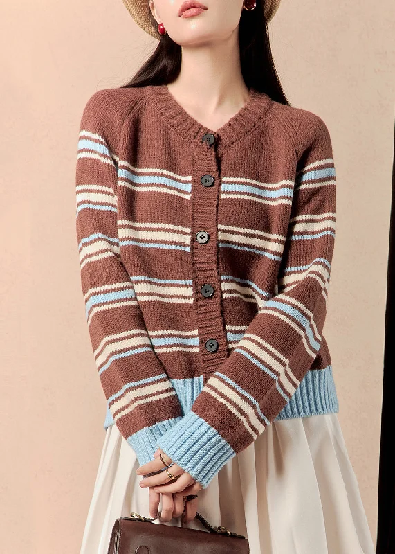 Easy Chic New Coffee Striped Button Knit Coats Winter